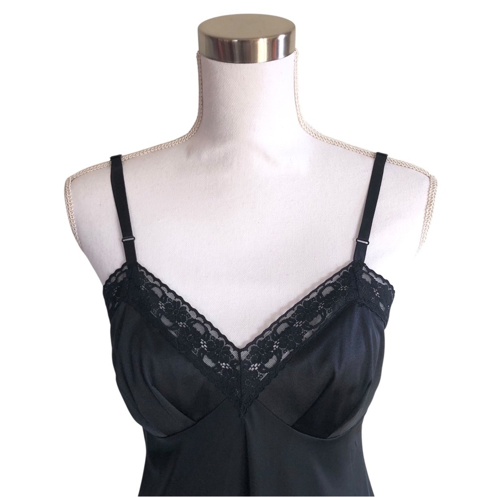 VINTAGE 90s Vanity Fair Black Nylon Lace Full Slip Dress Chemise Size 34 Small - Picture 2 of 7
